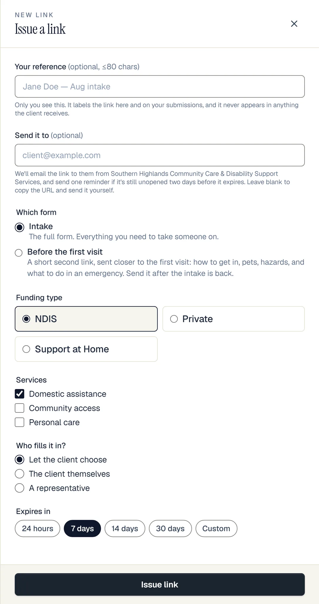 The Issue a link panel in the Careforms admin. A reference field and an optional address to send it to, then a choice of the full intake form or a shorter before-the-first-visit one, then funding type as NDIS, Private or Support at Home, a list of services to tick, who fills it in, an expiry of 24 hours to 30 days, and a single Issue link button at the foot.